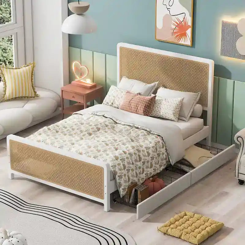 Base Letto Matrimoniale a Piattaforma in Metallo Bianco con 2 Cassetti — Per 2