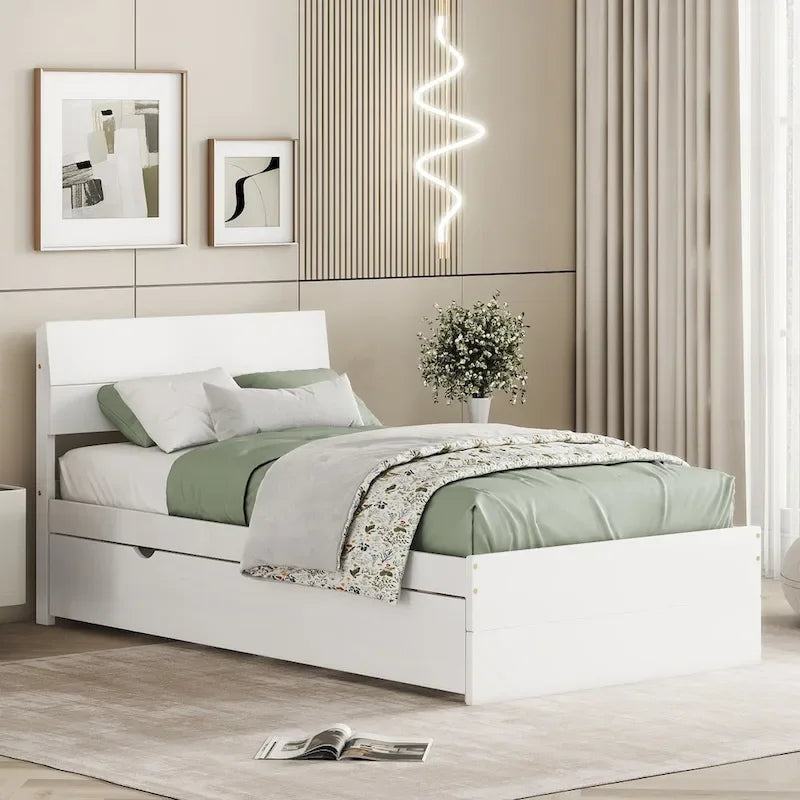 Letto singolo bianco con secondo letto estraibile, lucido, 2 posti