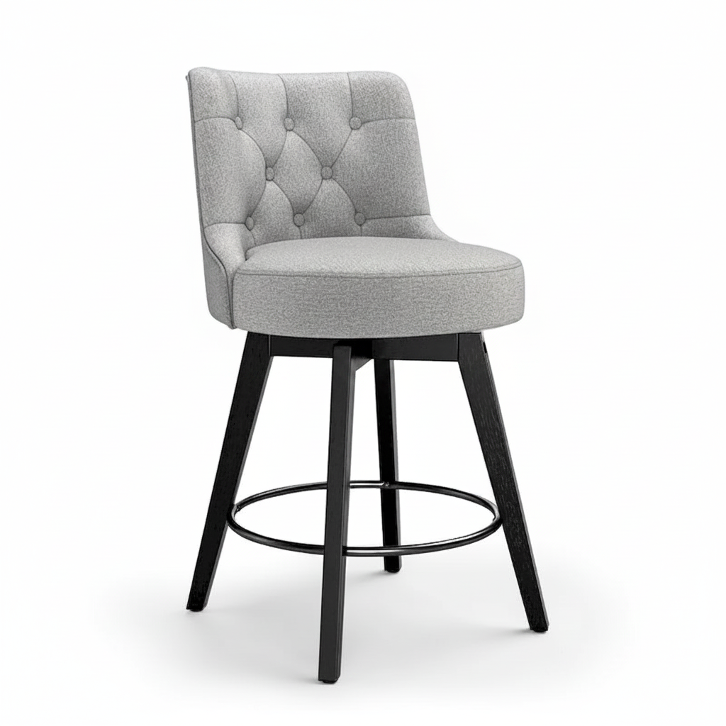 Sgabelli da Bar Girevoli Altezza Bancone 66 cm, Schienale Trapuntato, Gambe in Legno Massello, Set da 3 – Nero / Grigio Scuro / Blu Navy