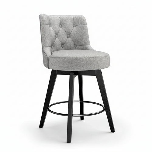 Sgabelli da Bar Girevoli Altezza Bancone 66 cm, Schienale Trapuntato, Gambe in Legno Massello, Set da 3 – Nero / Grigio Scuro / Blu Navy
