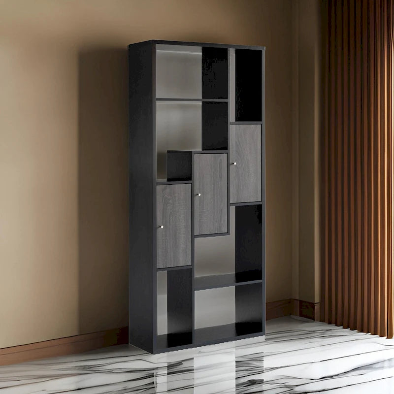 69 Inch Modern Display Cabinet with 7 Multilevel Shelves, 3 Doors, Black