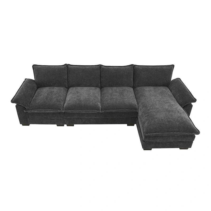 Divano Sezionale a L in ciniglia con chaise longue, 5 posti — Zenzero / Beige / Grigio / Blu Scuro