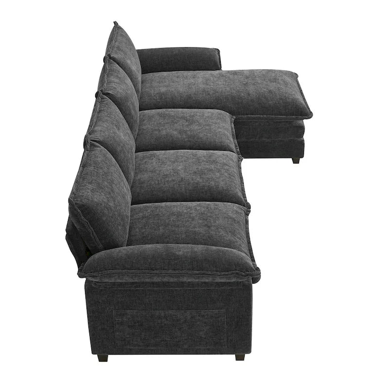 Divano Sezionale a L in ciniglia con chaise longue, 5 posti — Zenzero / Beige / Grigio / Blu Scuro