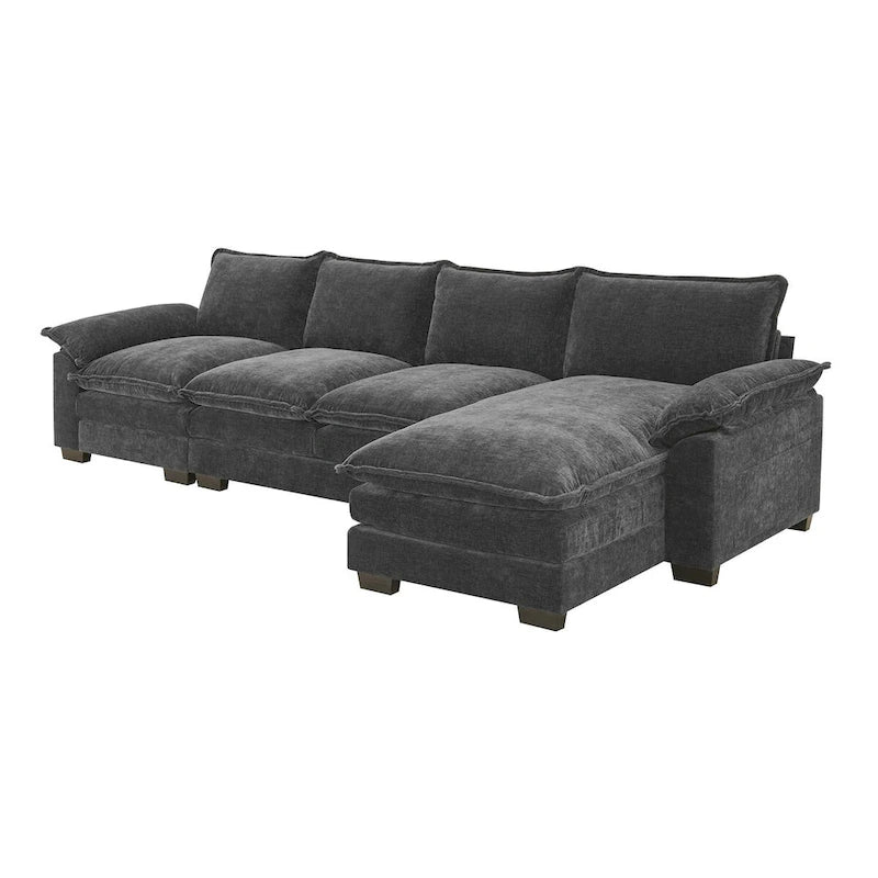 Divano Sezionale a L in ciniglia con chaise longue, 5 posti — Zenzero / Beige / Grigio / Blu Scuro
