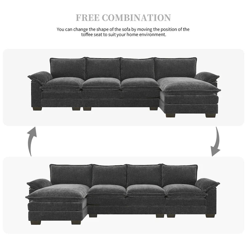Divano Sezionale a L in ciniglia con chaise longue, 5 posti — Zenzero / Beige / Grigio / Blu Scuro