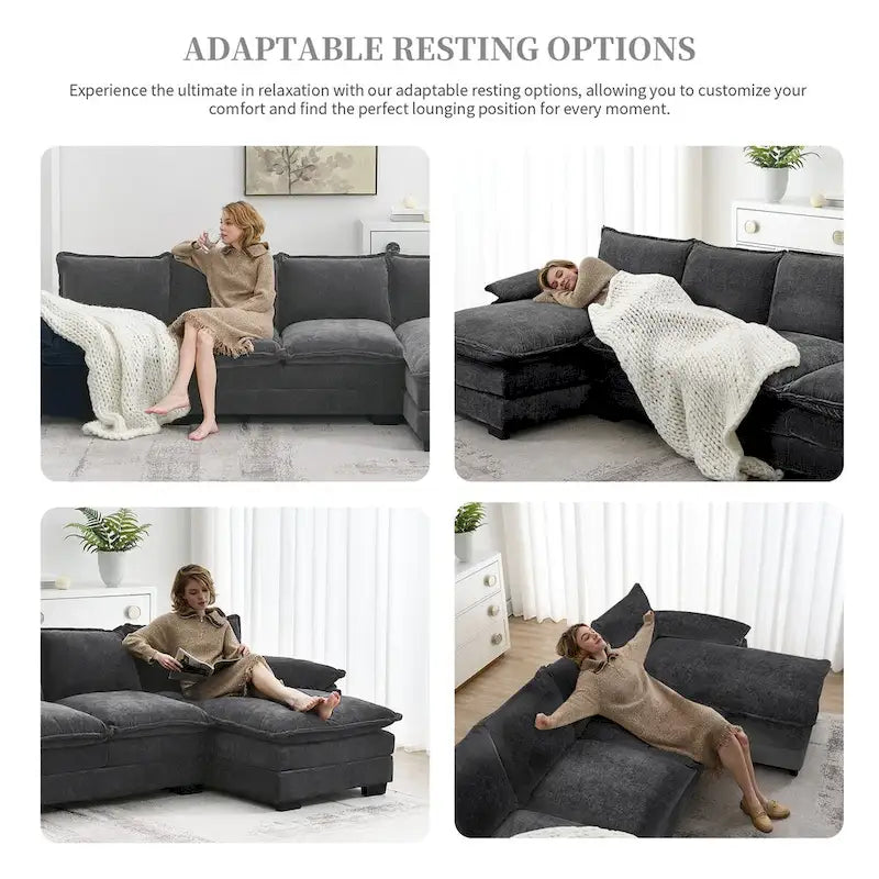 Divano Sezionale a L in ciniglia con chaise longue, 5 posti — Zenzero / Beige / Grigio / Blu Scuro