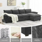 Divano Sezionale a L in ciniglia con chaise longue, 5 posti — Zenzero / Beige / Grigio / Blu Scuro