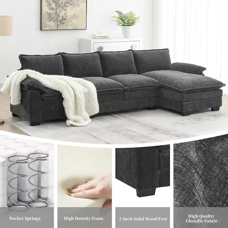 Divano Sezionale a L in ciniglia con chaise longue, 5 posti — Zenzero / Beige / Grigio / Blu Scuro