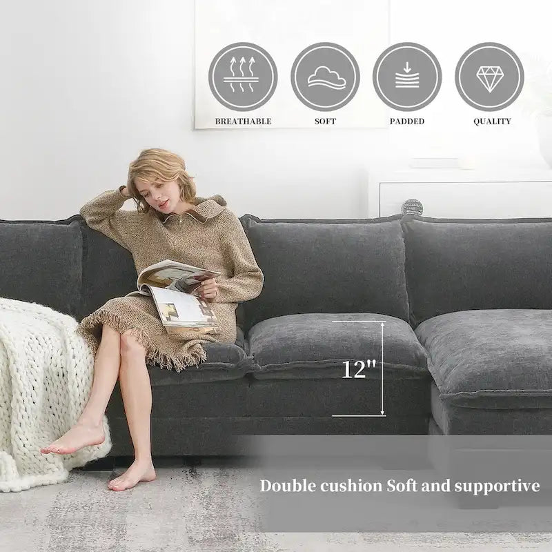 Divano Sezionale a L in ciniglia con chaise longue, 5 posti — Zenzero / Beige / Grigio / Blu Scuro
