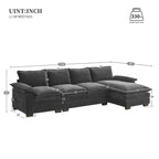 Divano Sezionale a L in ciniglia con chaise longue, 5 posti — Zenzero / Beige / Grigio / Blu Scuro