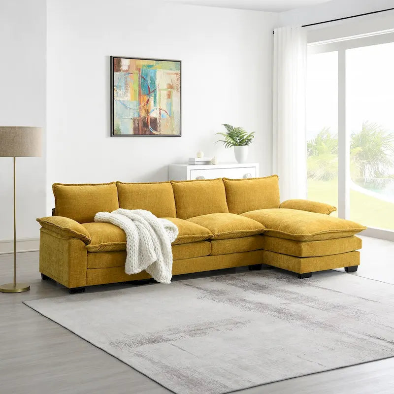 Divano Sezionale a L in ciniglia con chaise longue, 5 posti — Zenzero / Beige / Grigio / Blu Scuro
