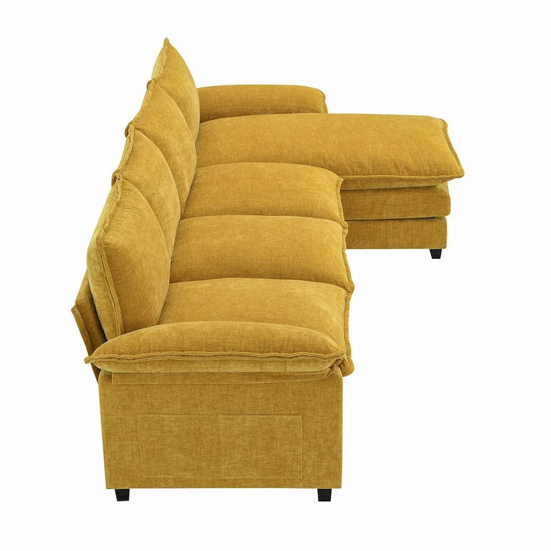 Divano Sezionale a L in ciniglia con chaise longue, 5 posti — Zenzero / Beige / Grigio / Blu Scuro