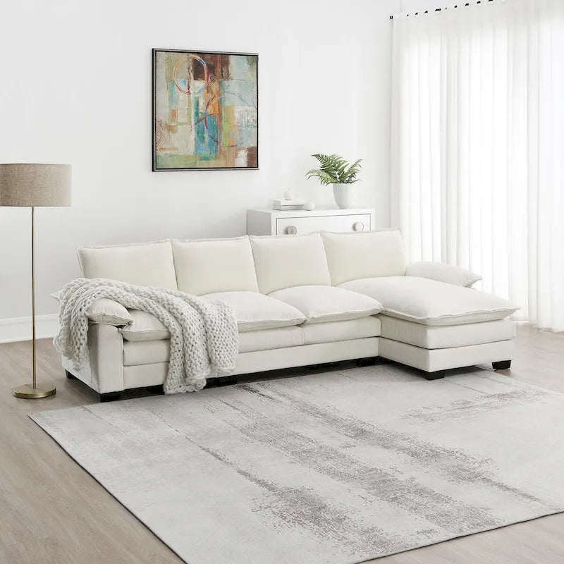 Divano Sezionale a L in ciniglia con chaise longue, 5 posti — Zenzero / Beige / Grigio / Blu Scuro