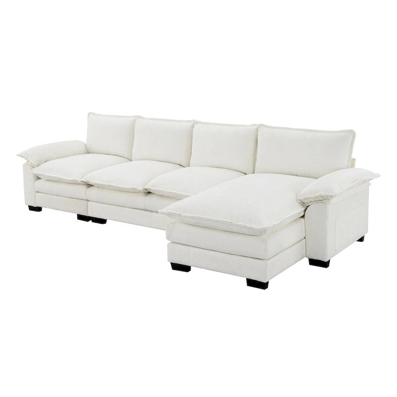 Divano Sezionale a L in ciniglia con chaise longue, 5 posti — Zenzero / Beige / Grigio / Blu Scuro