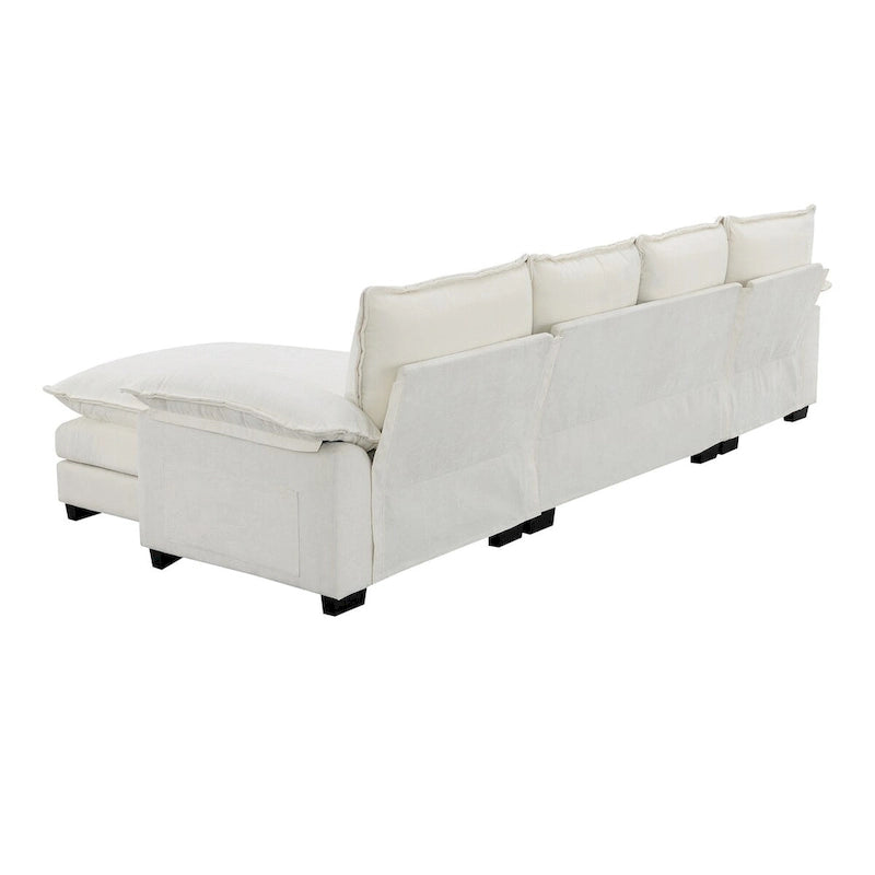 Divano Sezionale a L in ciniglia con chaise longue, 5 posti — Zenzero / Beige / Grigio / Blu Scuro