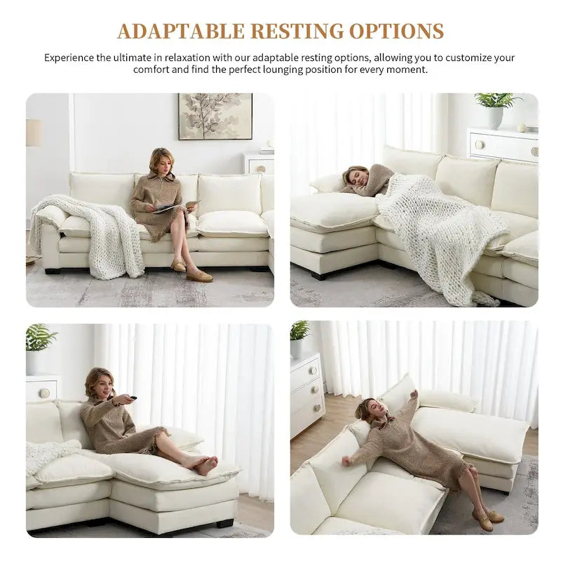 Divano Sezionale a L in ciniglia con chaise longue, 5 posti — Zenzero / Beige / Grigio / Blu Scuro