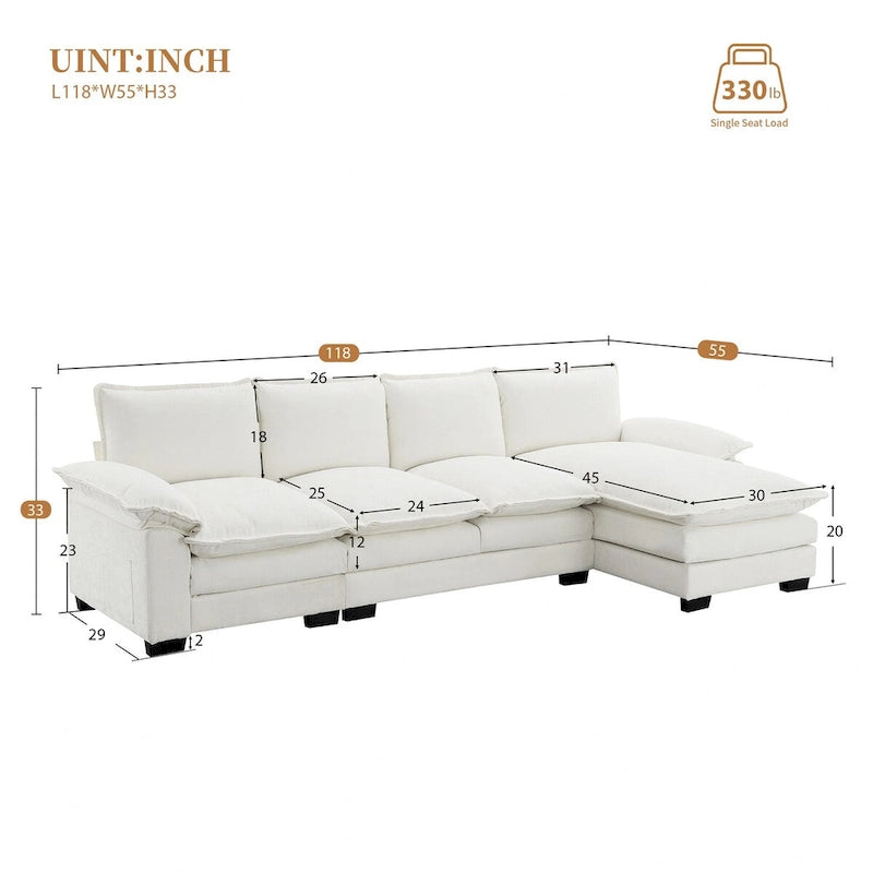 Divano Sezionale a L in ciniglia con chaise longue, 5 posti — Zenzero / Beige / Grigio / Blu Scuro