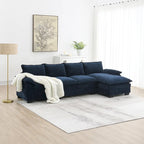 Divano Sezionale a L in ciniglia con chaise longue, 5 posti — Zenzero / Beige / Grigio / Blu Scuro