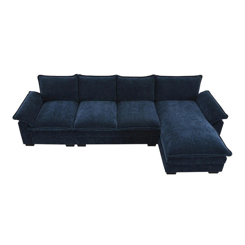 Divano Sezionale a L in ciniglia con chaise longue, 5 posti — Zenzero / Beige / Grigio / Blu Scuro