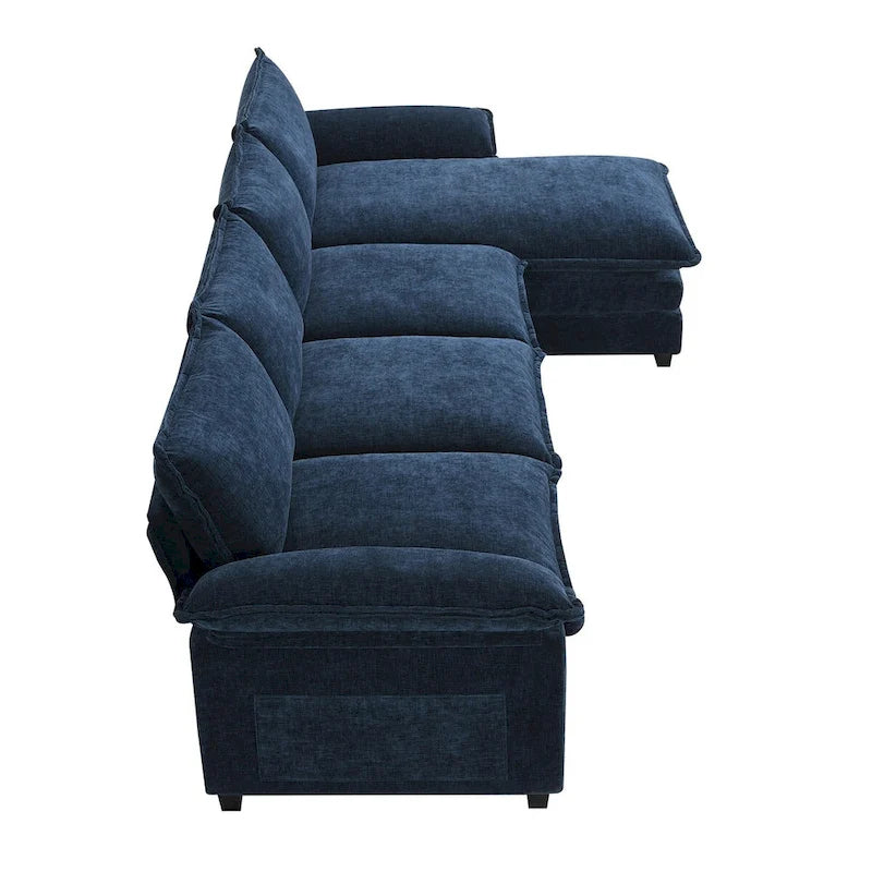 Divano Sezionale a L in ciniglia con chaise longue, 5 posti — Zenzero / Beige / Grigio / Blu Scuro