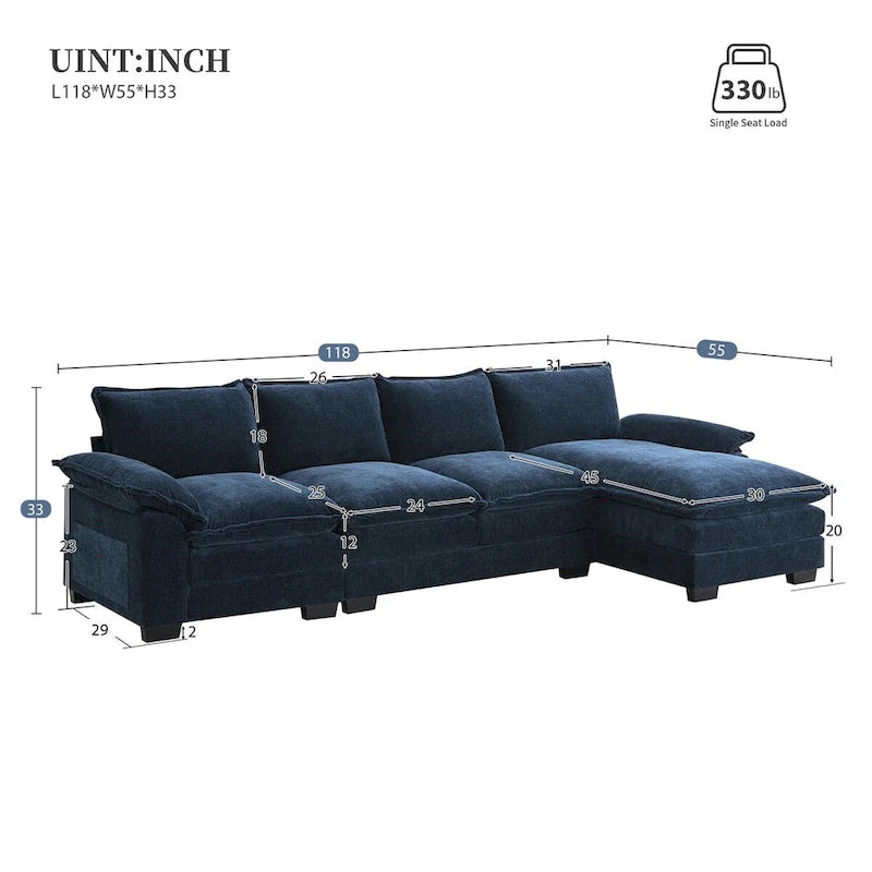 Divano Sezionale a L in ciniglia con chaise longue, 5 posti — Zenzero / Beige / Grigio / Blu Scuro