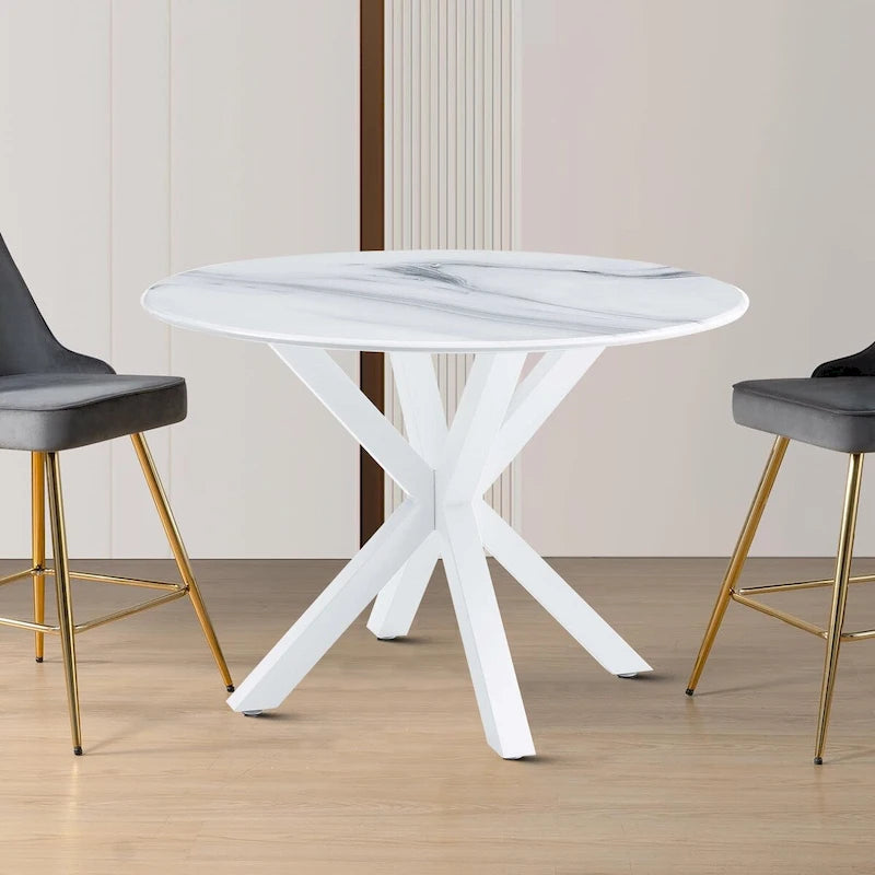 Tavolo da pranzo rotondo, bianco/nero/marmo bianco, piano in MDF e gambe in metallo, 2-4 posti