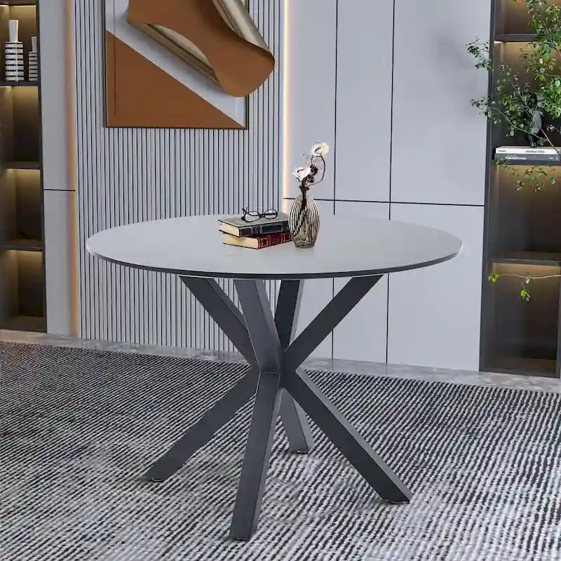 Tavolo da pranzo rotondo, bianco/nero/marmo bianco, piano in MDF e gambe in metallo, 2-4 posti