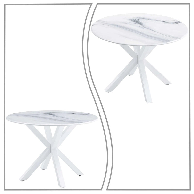 Tavolo da pranzo rotondo, bianco/nero/marmo bianco, piano in MDF e gambe in metallo, 2-4 posti