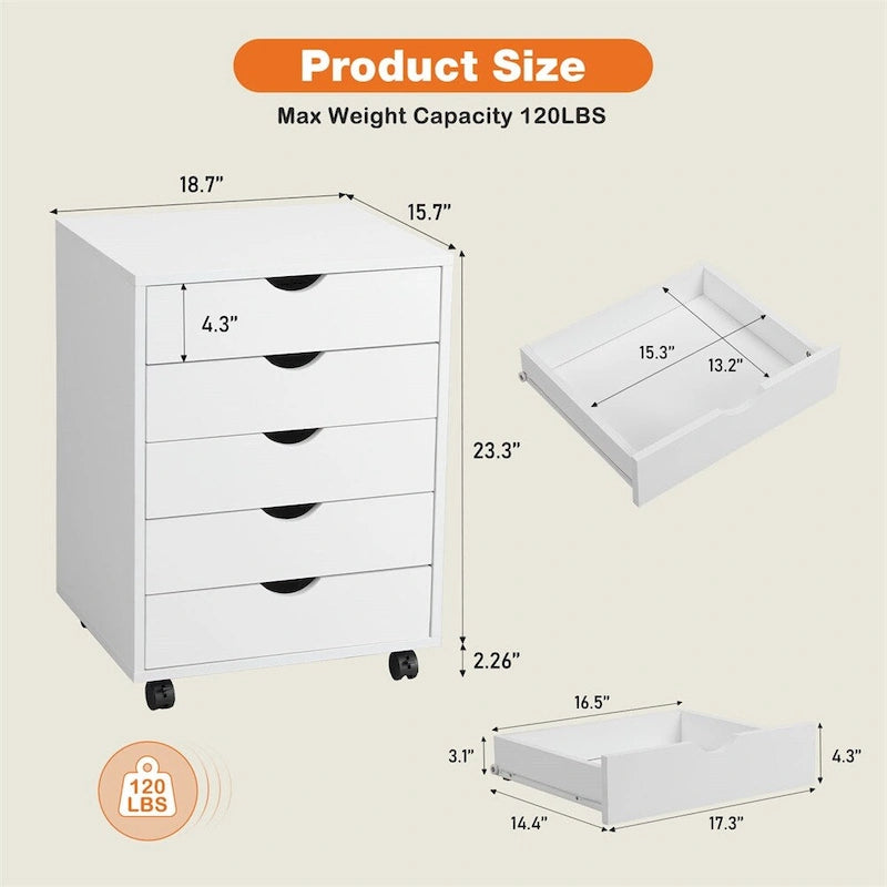 Cassettiera a 5 cassetti con ruote — Bianco / Nero, Stile moderno, Monouso
