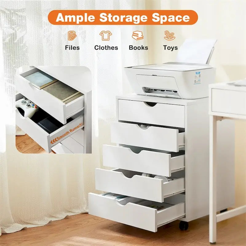 Cassettiera a 5 cassetti con ruote — Bianco / Nero, Stile moderno, Monouso