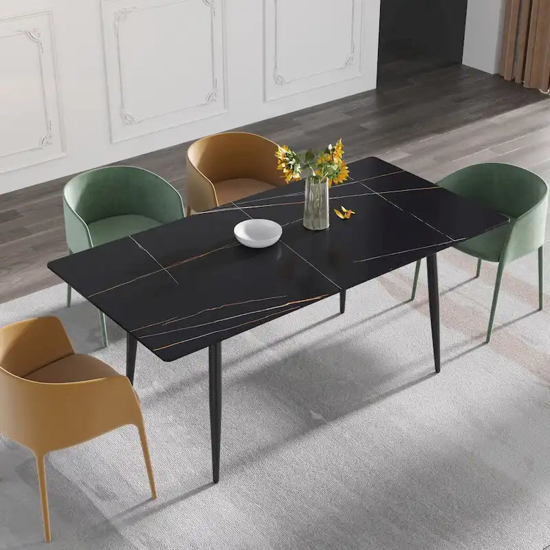 Tavolo da pranzo rettangolare in pietra sinterizzata, stile Mid-Century, per 6 persone, bianco/nero
