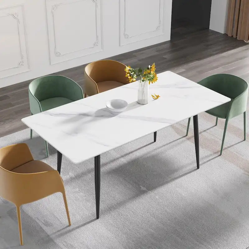 Tavolo da pranzo rettangolare in pietra sinterizzata, stile Mid-Century, per 6 persone, bianco/nero