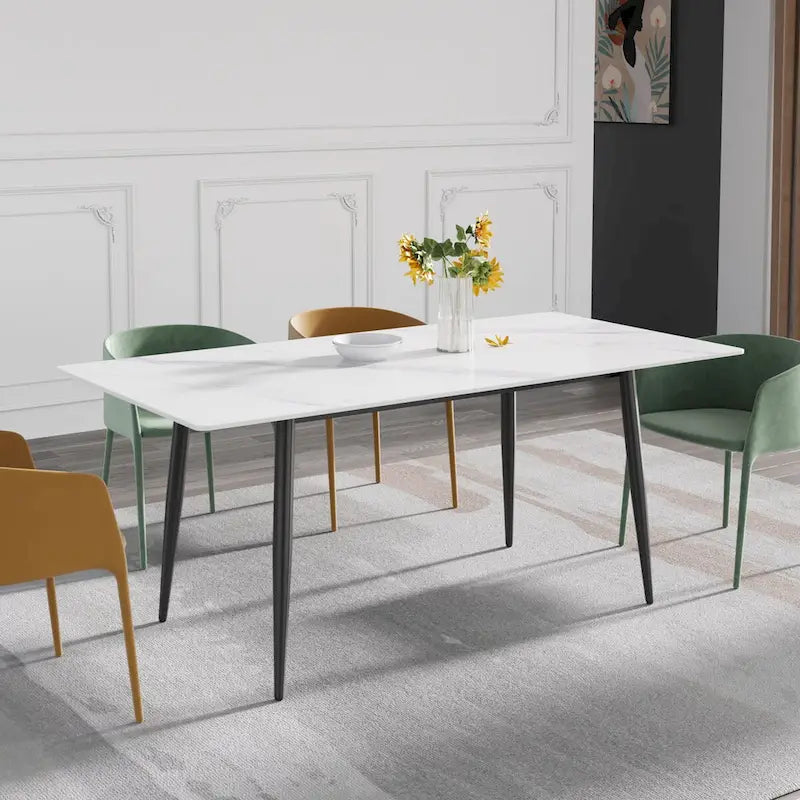 Tavolo da pranzo rettangolare in pietra sinterizzata, stile Mid-Century, per 6 persone, bianco/nero