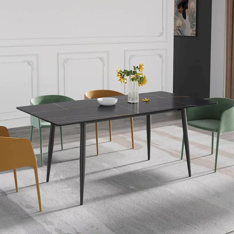 Tavolo da pranzo rettangolare in pietra sinterizzata, stile Mid-Century, per 6 persone, bianco/nero