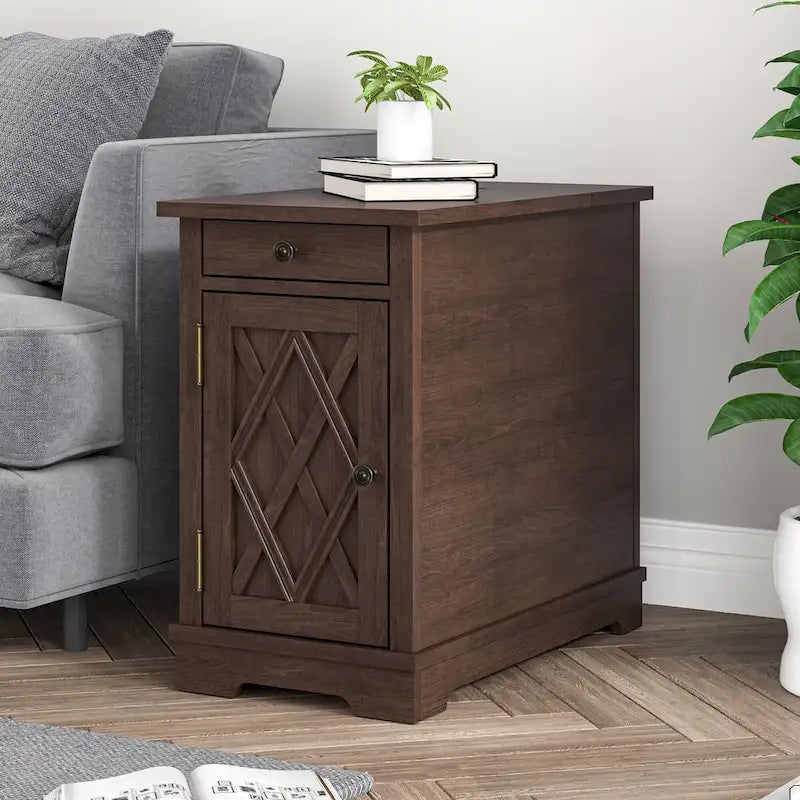 Tavolino Marrone con Ricarica USB, Piano in MDF, 58 cm H