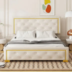 Letto imbottito con piattaforma, testiera capitonné, Queen, Beige / Nero / Grigio