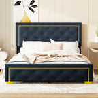 Letto imbottito con piattaforma, testiera capitonné, Queen, Beige / Nero / Grigio