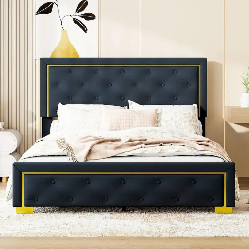 Letto imbottito con piattaforma, testiera capitonné, Queen, Beige / Nero / Grigio