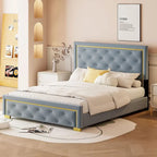 Letto imbottito con piattaforma, testiera capitonné, Queen, Beige / Nero / Grigio
