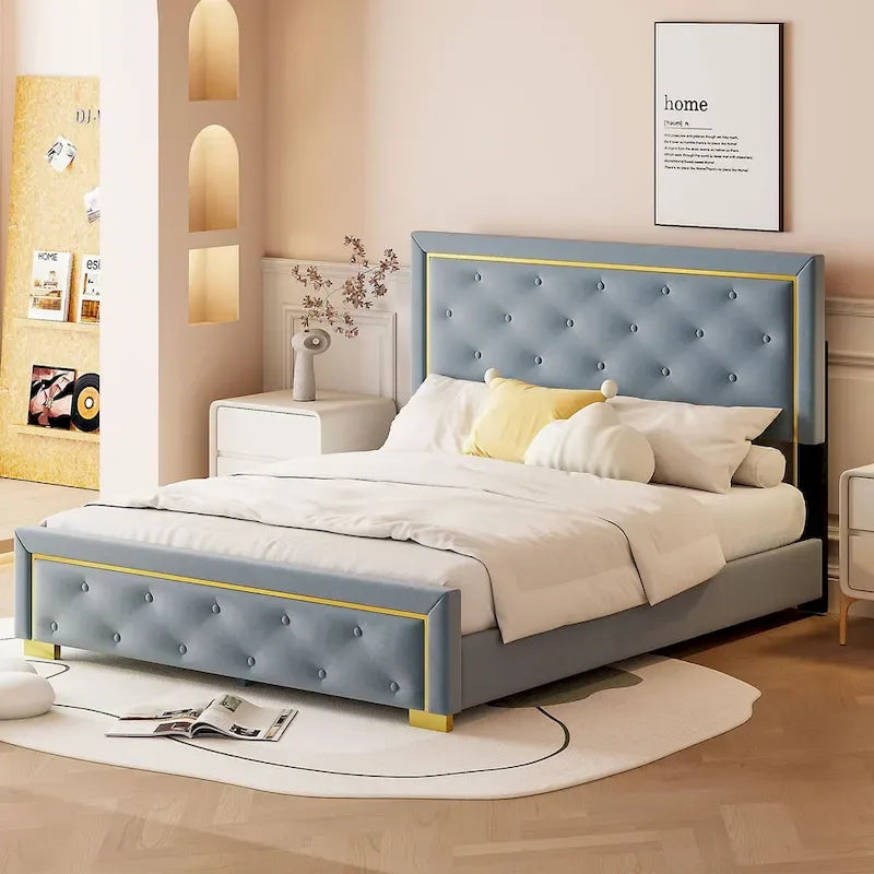Letto imbottito con piattaforma, testiera capitonné, Queen, Beige / Nero / Grigio