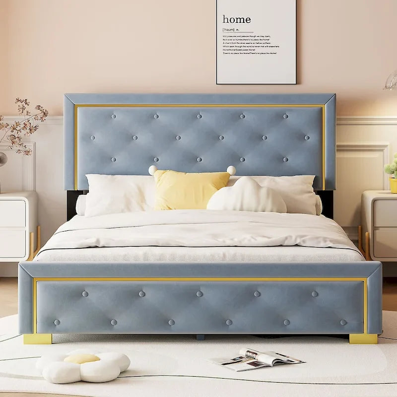 Letto imbottito con piattaforma, testiera capitonné, Queen, Beige / Nero / Grigio