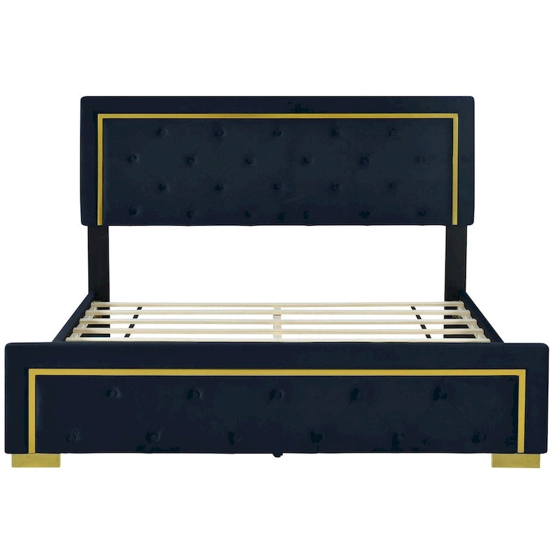 Letto imbottito con piattaforma, testiera capitonné, Queen, Beige / Nero / Grigio