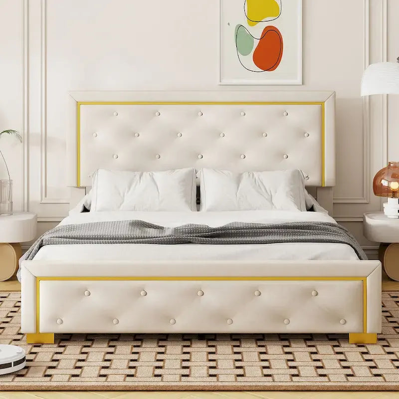 Letto imbottito con piattaforma, testiera capitonné, Queen, Beige / Nero / Grigio