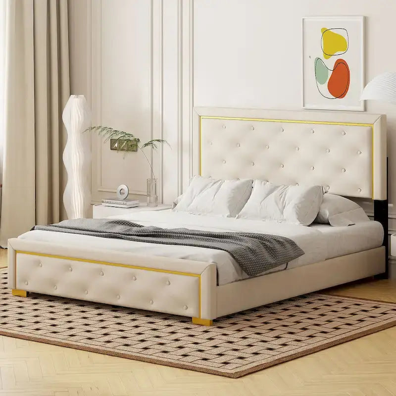 Letto imbottito con piattaforma, testiera capitonné, Queen, Beige / Nero / Grigio