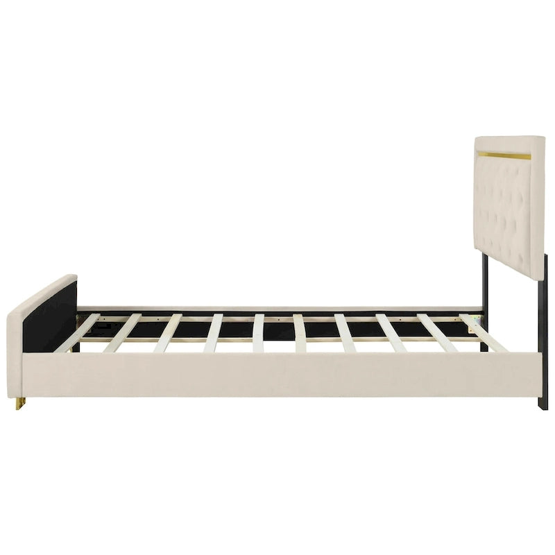 Letto imbottito con piattaforma, testiera capitonné, Queen, Beige / Nero / Grigio
