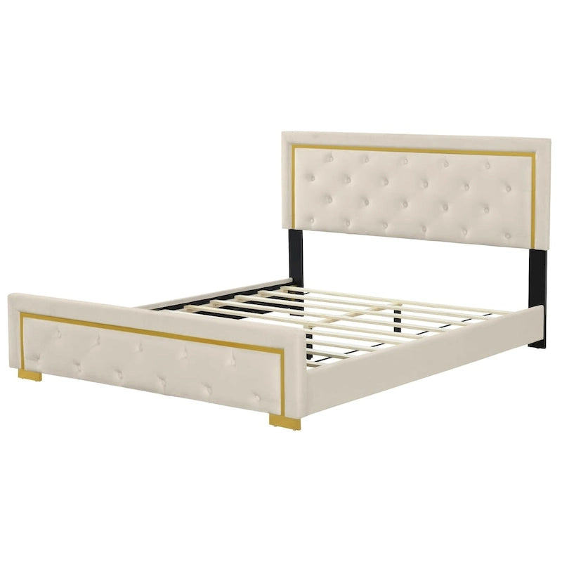 Letto imbottito con piattaforma, testiera capitonné, Queen, Beige / Nero / Grigio