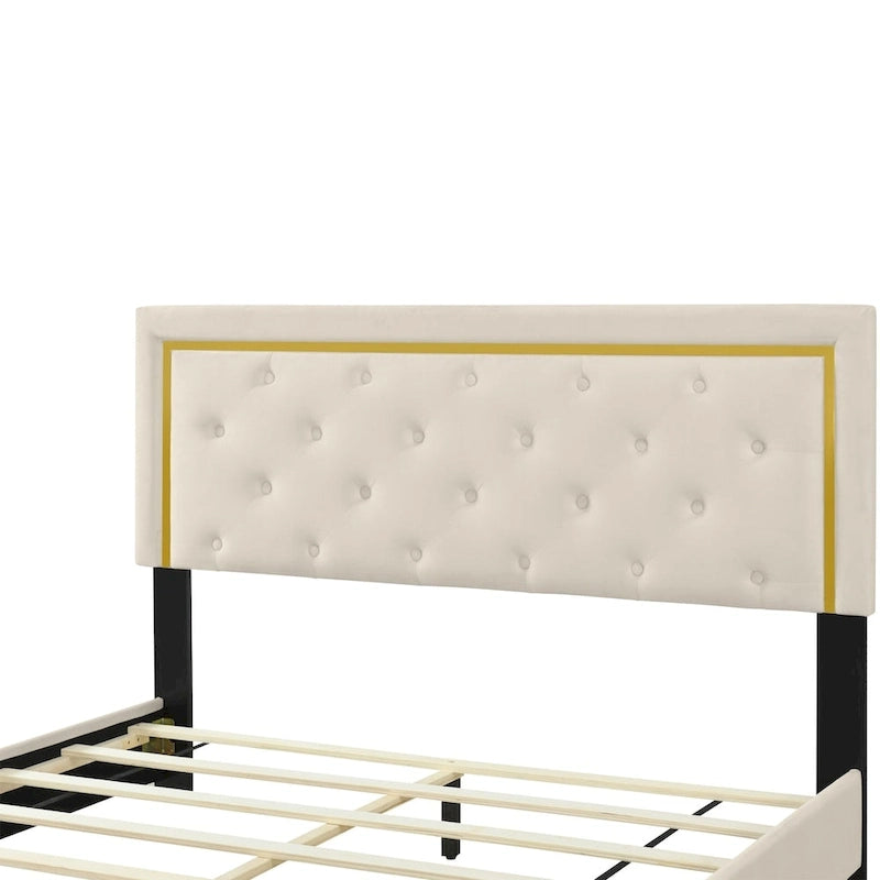 Letto imbottito con piattaforma, testiera capitonné, Queen, Beige / Nero / Grigio