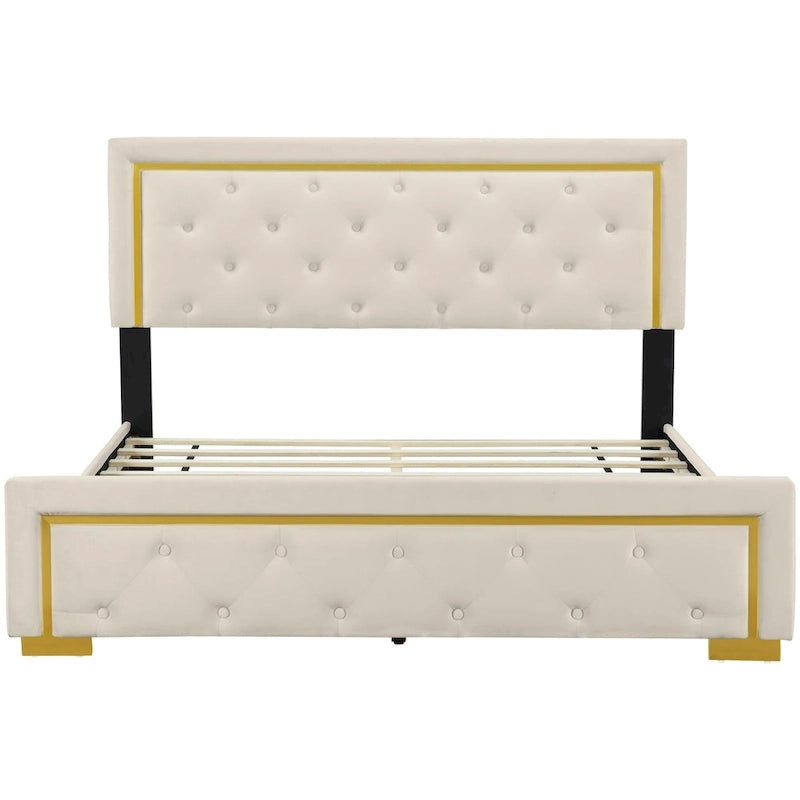 Letto imbottito con piattaforma, testiera capitonné, Queen, Beige / Nero / Grigio