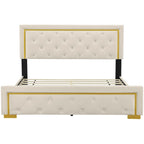 Letto imbottito con piattaforma, testiera capitonné, Queen, Beige / Nero / Grigio