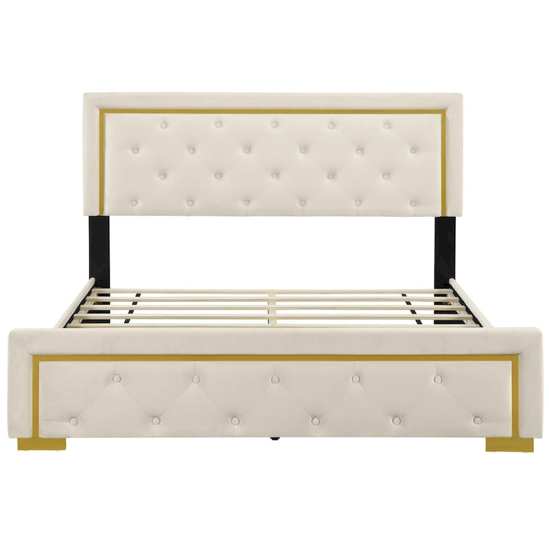 Letto imbottito con piattaforma, testiera capitonné, Queen, Beige / Nero / Grigio
